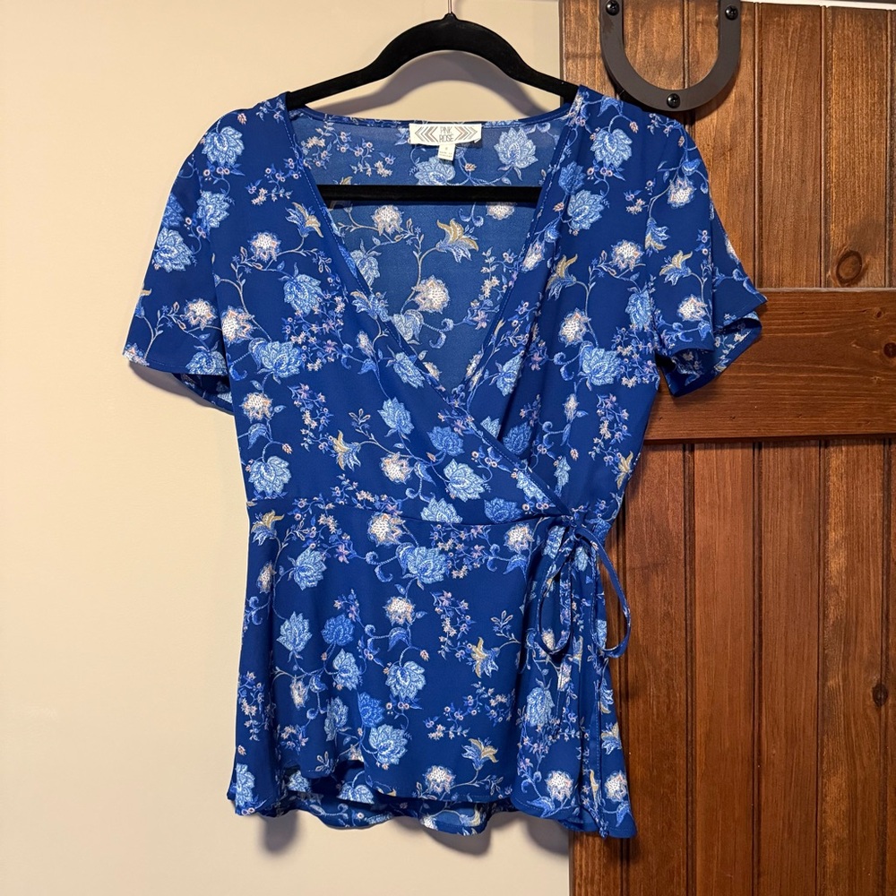 Boutique Blue Print True Wrap Blouse